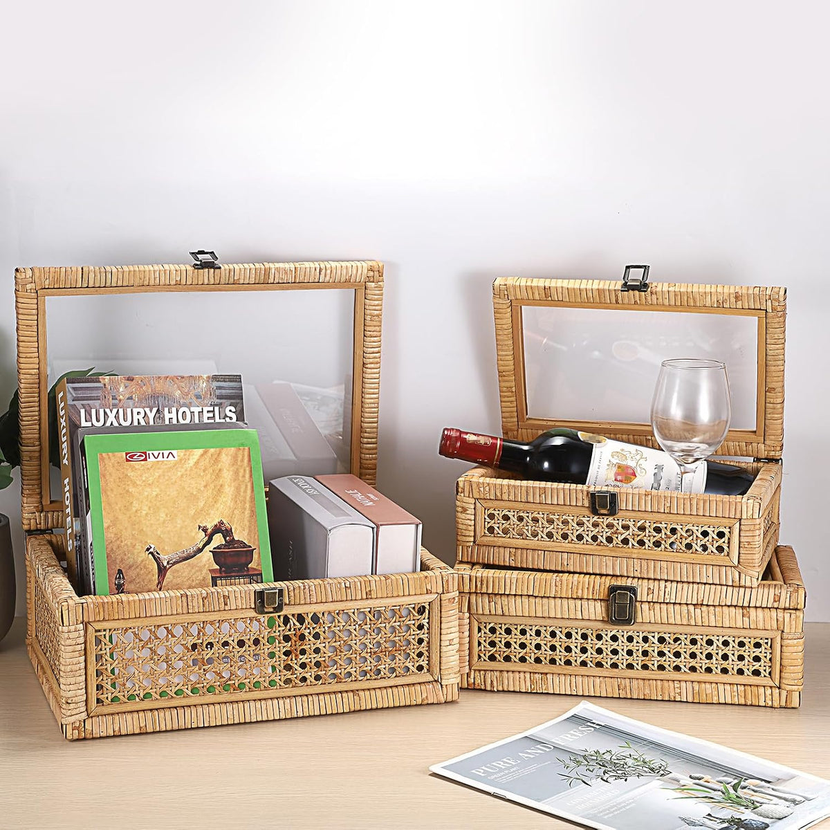 Hipiwe Rattan Display Box with Clear Lid Rectangular Wicker Storage Basket