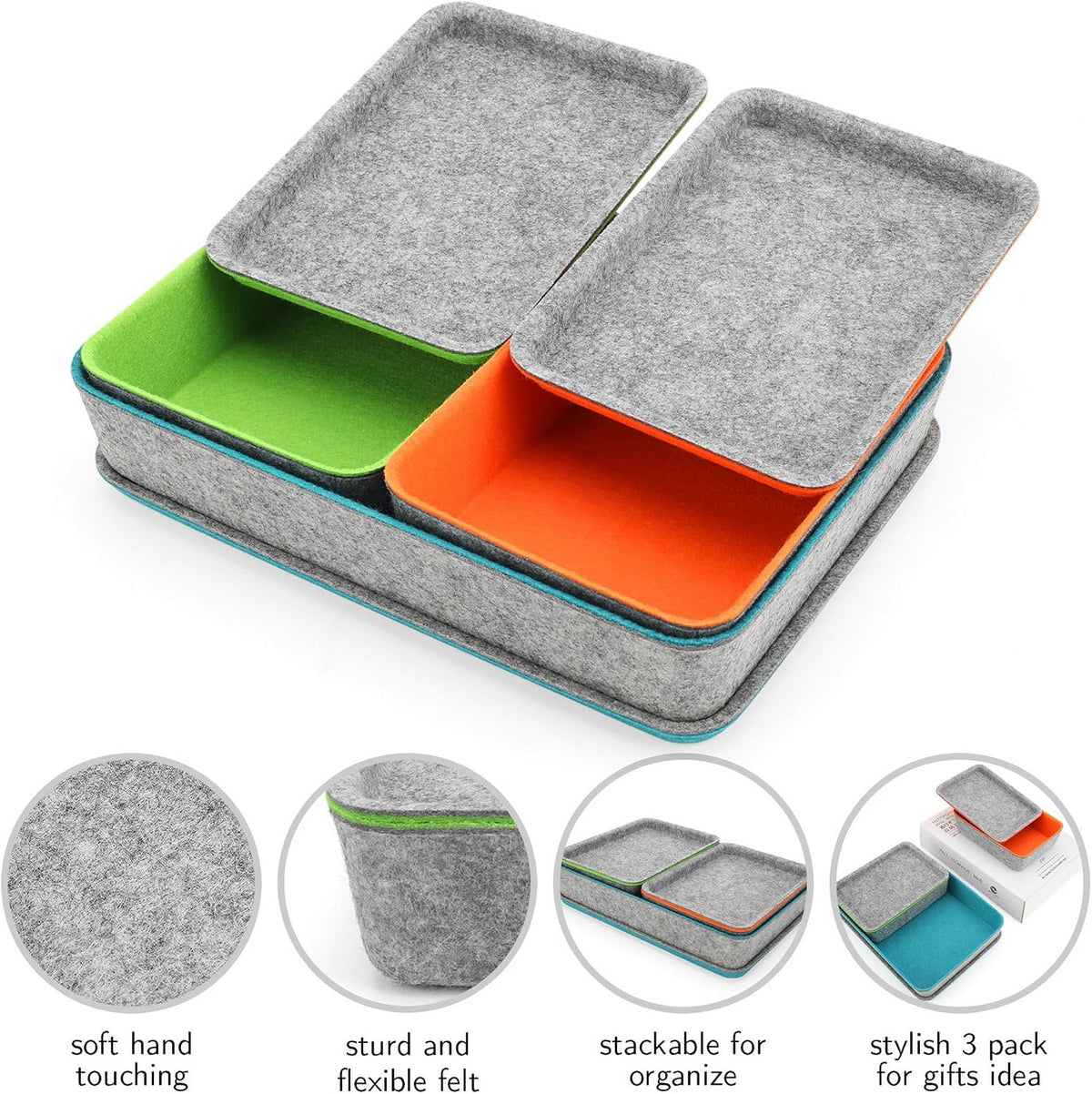 Welaxy 3-Piece Stackable Lidded Felt Desk Drawer Organizer Tray Multi-Color