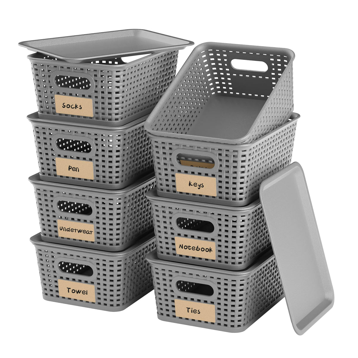 6 Pack Plastic Storage Baskets,Brown bamboo lid storage Box