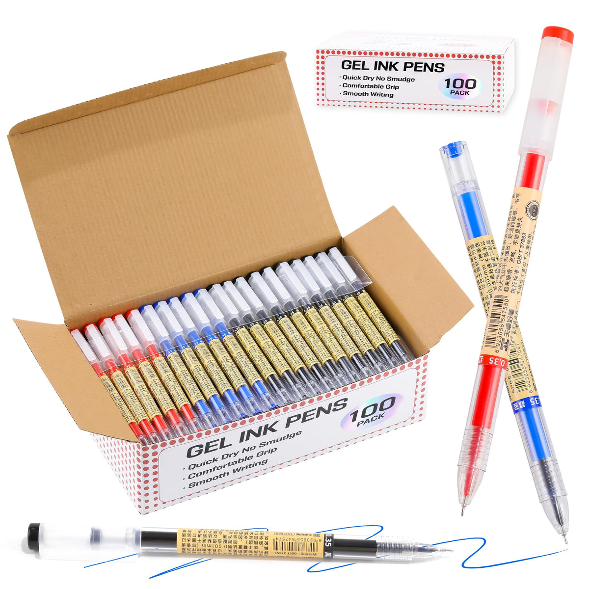 Japanese Style Blue Gel Ink Pens, 100 Pack Bulk Wholesale Set, 0.35mm Extra Fine Point, No Smudge Quick Drying, Journaling, Writing Drawing Notebook for Teacher Classroom Office School Supplies