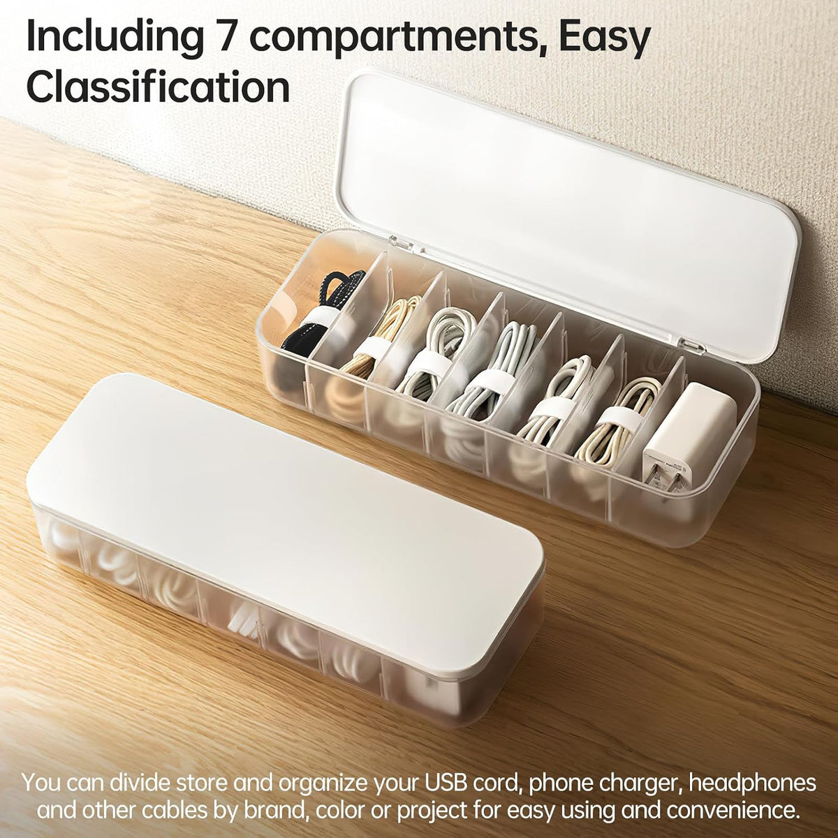PAVSTINE 2 Pcs Cable Organizer Storage Box with Lid, 14 Wire Ties, White