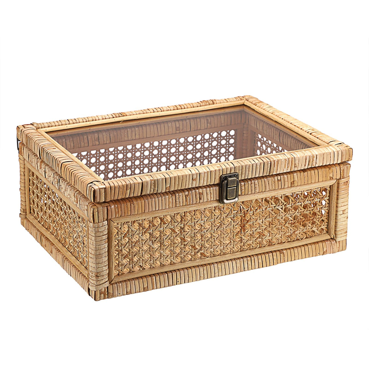 Hipiwe Rattan Display Box with Clear Lid Rectangular Wicker Storage Basket