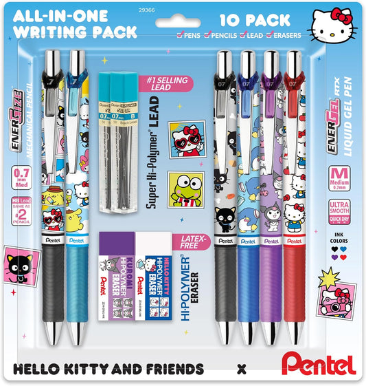 Pentel Writing Essentials 10 Pack, Hello Kitty® and Friends, Limited Edition, 4 EnerGel 0.7mm gel pens, 2 EnerGize 0.7mm pencils, 2 bock erasers, and 2 refill leads