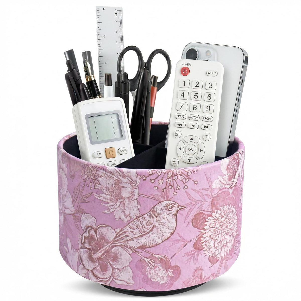 Round Leather Art Supply Organizer,Remote Control Holder,360 Degree Rotating,Multi-Functional Pencil Holder,4 Compartments Desktop Stationary Organizer(1-Fractal Flower)