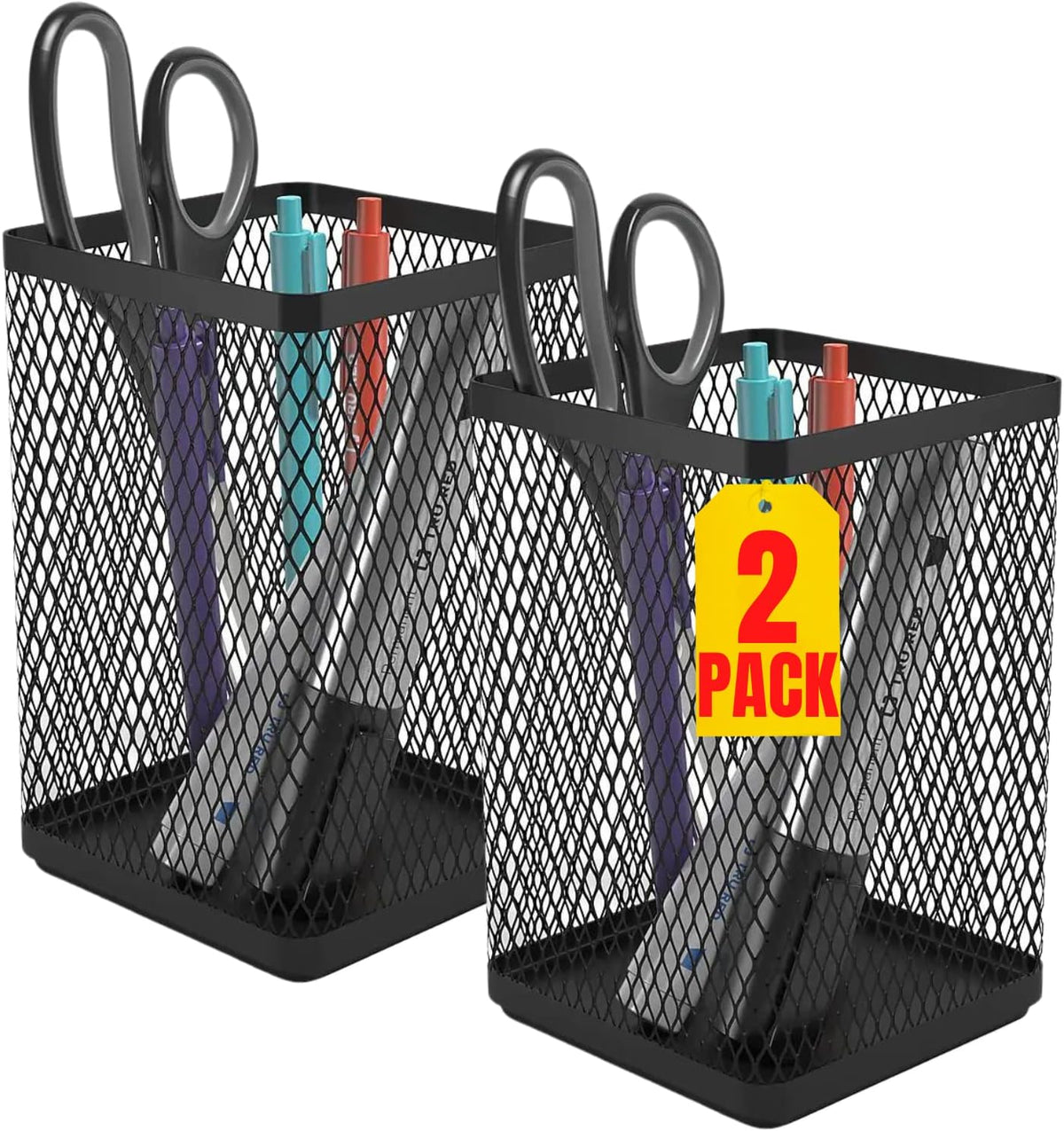 1InTheOffice Pencil Cups for Desk, Jumbo Pencil Holder, Stackable Wire Mesh Jumbo Pencil Holder, Matte Black 2 pack