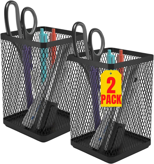 1InTheOffice Pencil Cups for Desk, Jumbo Pencil Holder, Stackable Wire Mesh Jumbo Pencil Holder, Matte Black 2 pack