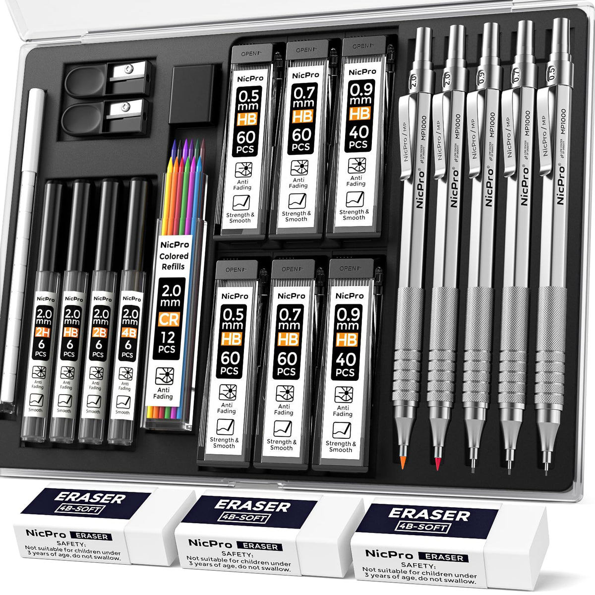 Nicpro 22PCS Art Mechanical Pencil Set， Metal Drawing Sketching With Eraser