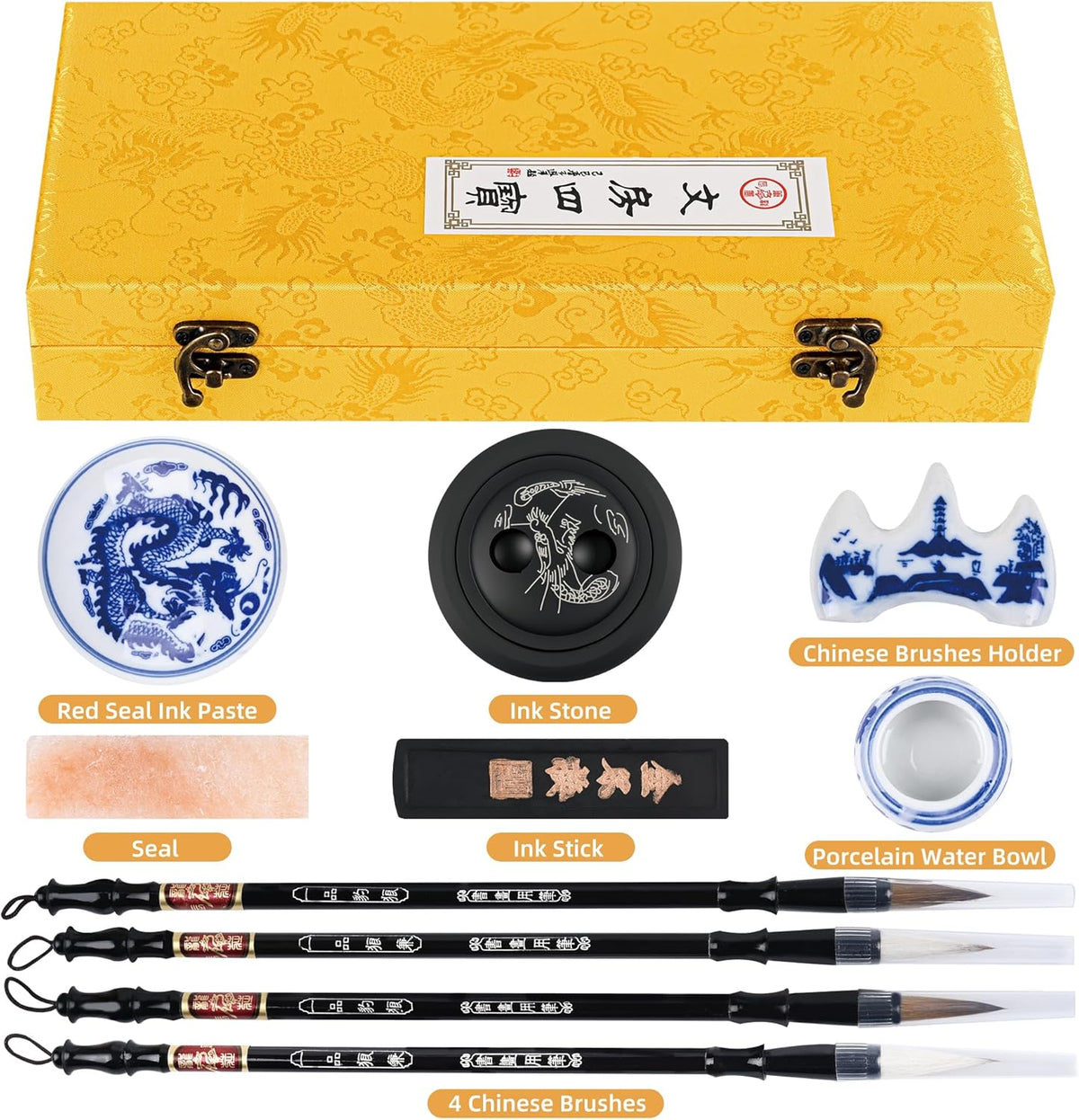 I-MART Chinese Calligraphy Set for Beginners with 4 Brushes, Ink Stone, Ink Stick, Red Ink Paste, Seal, Porcelain Water Bowl, Brush Holder, Calligraphy Kits for Beginners and Sumi Painting
