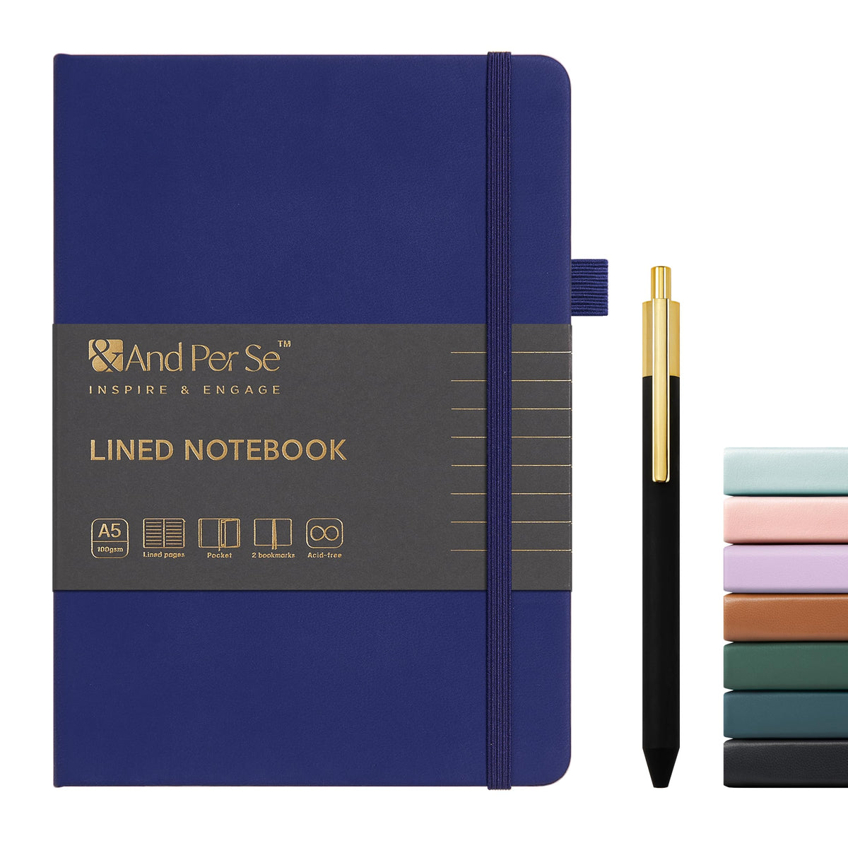 &And Per Se Lined Journal and Pen Set, A5 Leather Hardcover Notebook with Pen & Stationary Set, 160 Pages 100GSM Thick Ruled Paper Journal for Business Work Writing (Dark Blue)