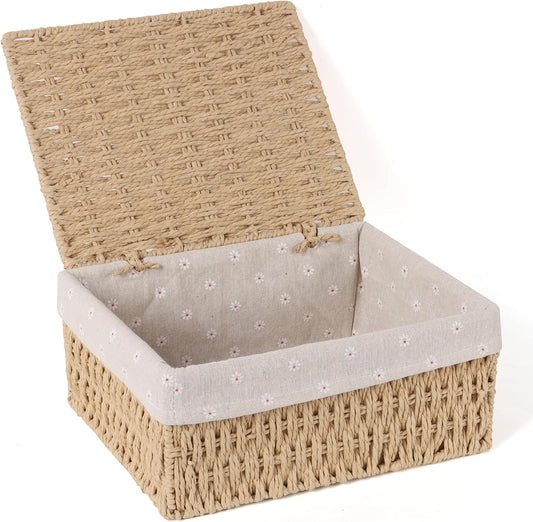 FEILANDUO Wicker Shelf Baskets Bin with Lid, Handwoven Paper Rope Baskets for Organizing, Rectangular Basket for Storage, Desktop Boxes with Lids Home Organizer Decor, Large