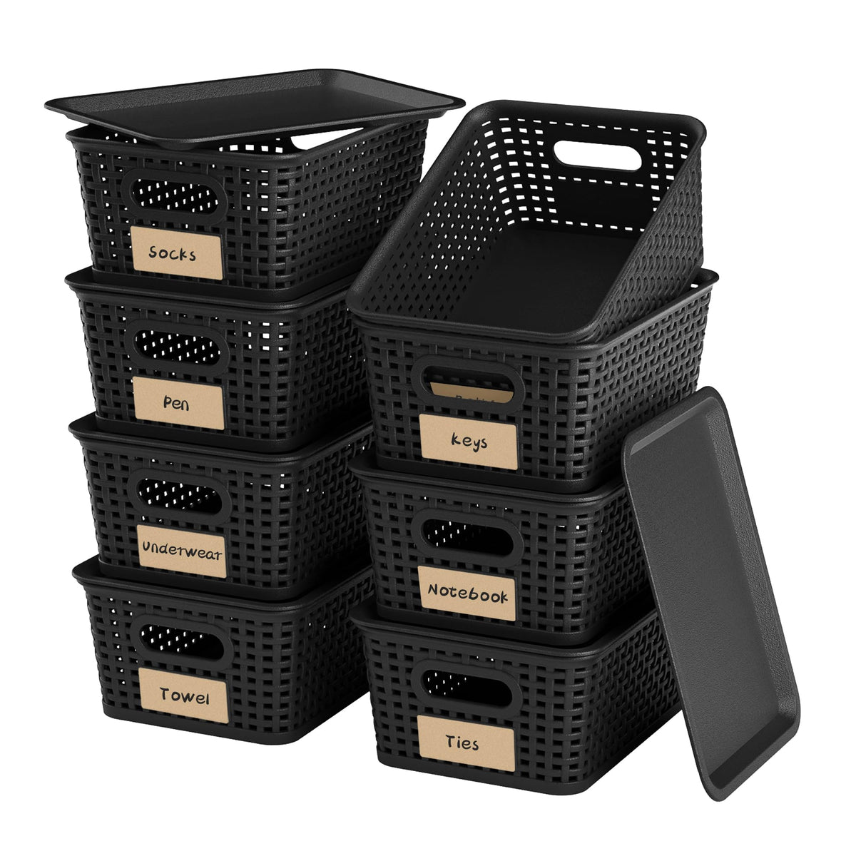 6 Pack Plastic Storage Baskets,Brown bamboo lid storage Box