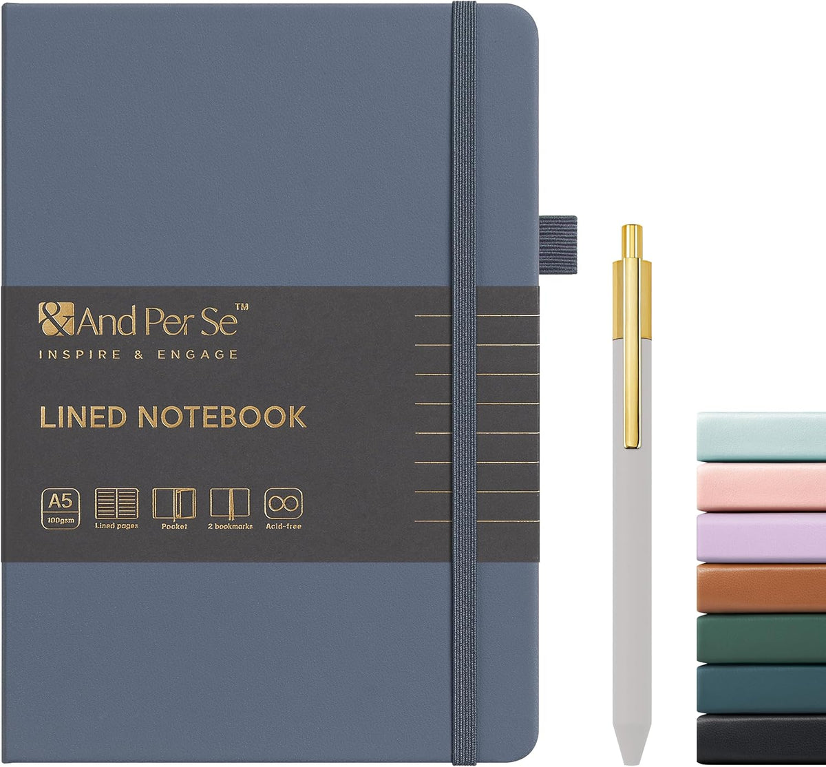 &And Per Se Lined Journal and Pen Set, A5 Leather Hardcover Notebook with Pen & Stationary Set, 160 Pages 100GSM Thick Ruled Paper Journal for Business Work Writing (Dark Blue)