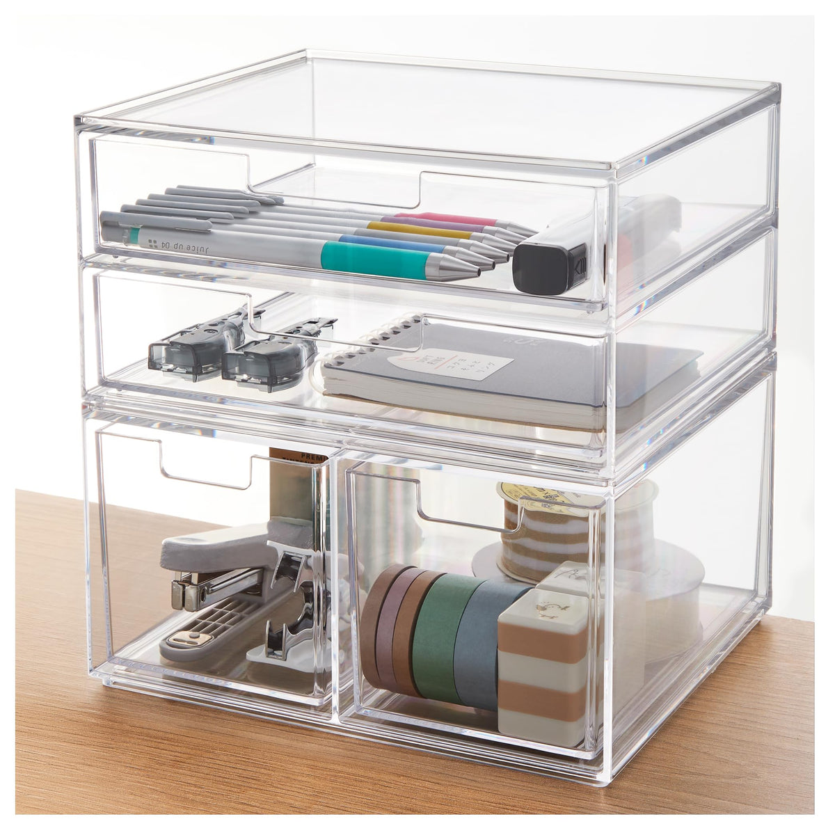 STORi Stackable Desk Drawer Organizer, Clear Pen Pencil Makeup Brush Holder for Desktops and Vanities, 4 Wide Drawers (Made in USA)