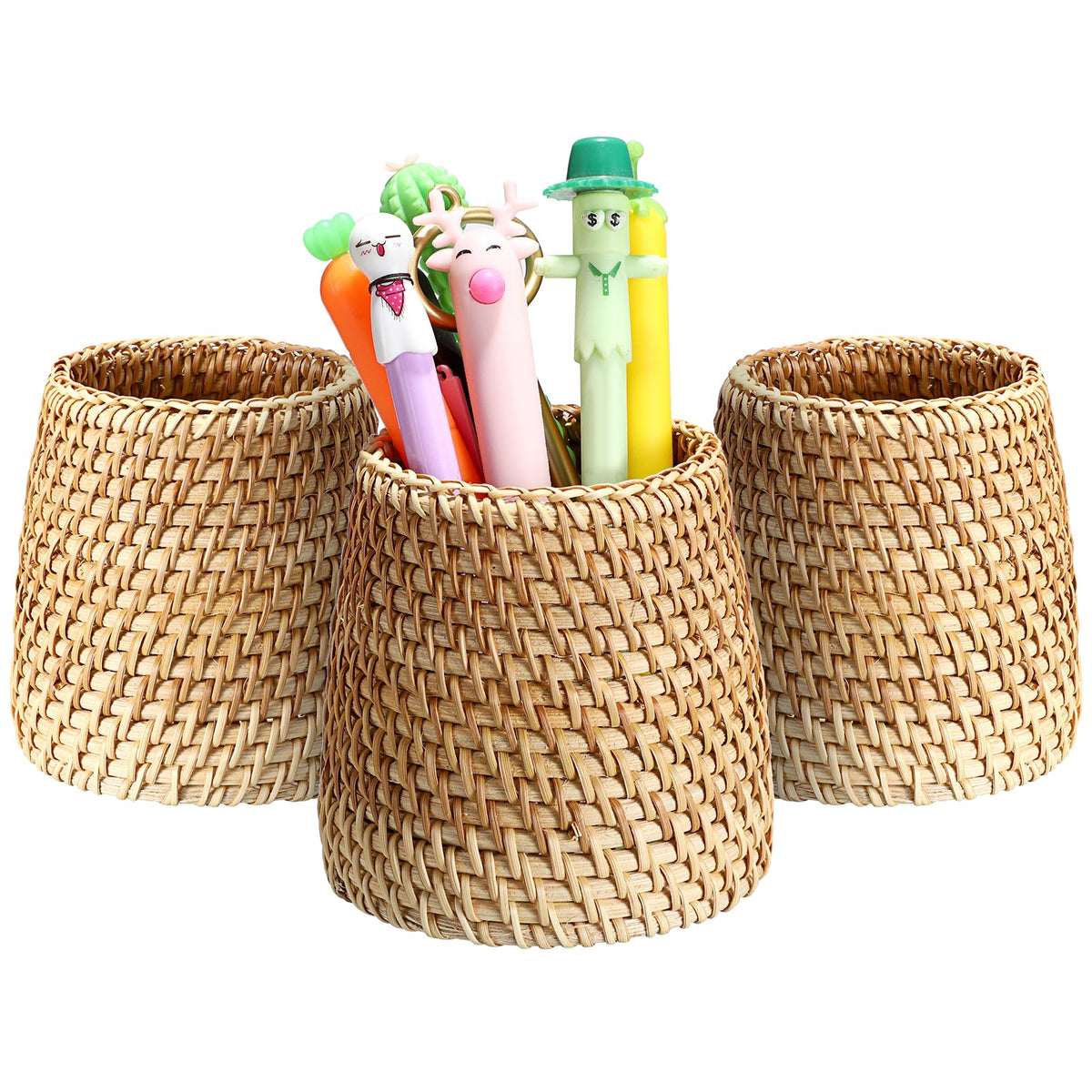 BTSKY Rattan Pen Cup, Handmade Desk Pencil Holders Makeup Brush Holder Multi-Functional Woven Basket Office&Home Desktop Organizer(Cylinder)