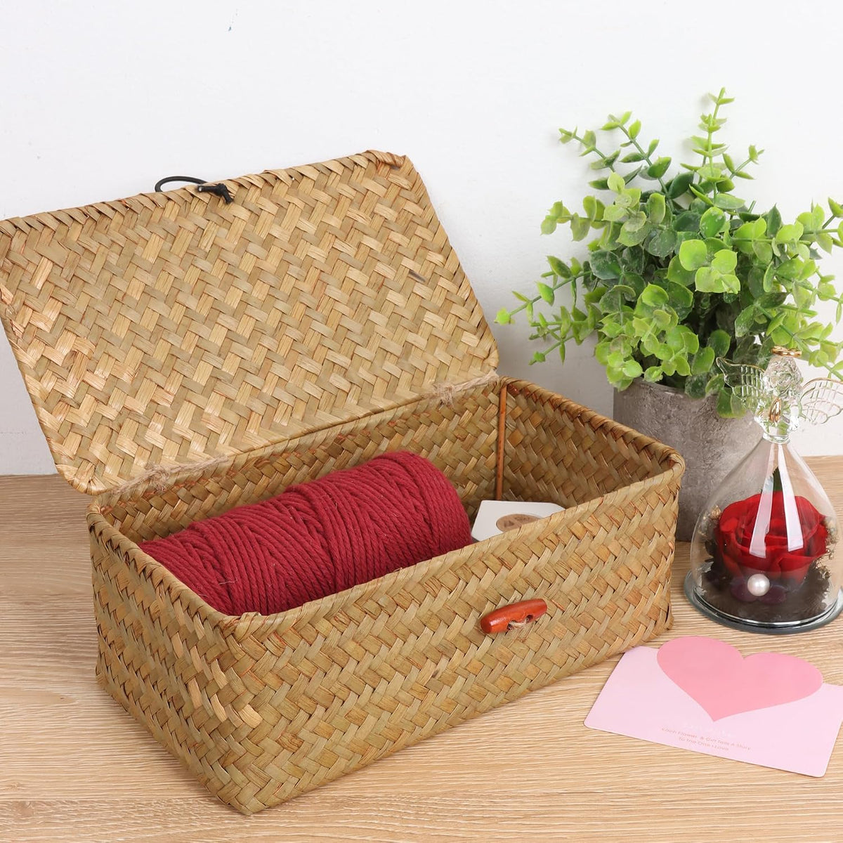 Moosky Wicker Shelf Baskets with Lid,Handwoven Seagrass Basket for Storage Basket Bins Rectangular Home Organizer Gift Boxes (Natural Small)
