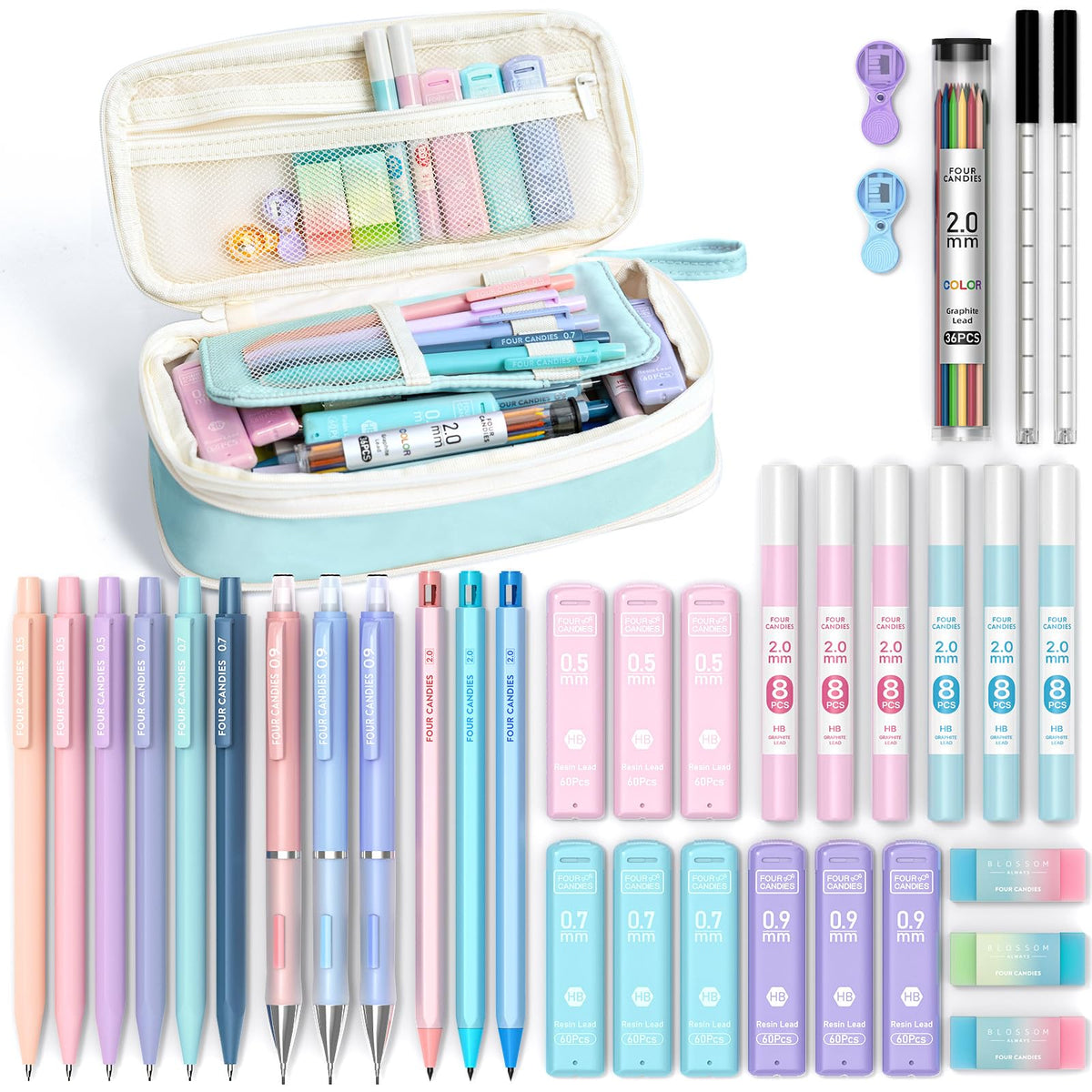 Four Candies 36PCS Mechanical Pencil Set with 624 Lead Refills (Pink)