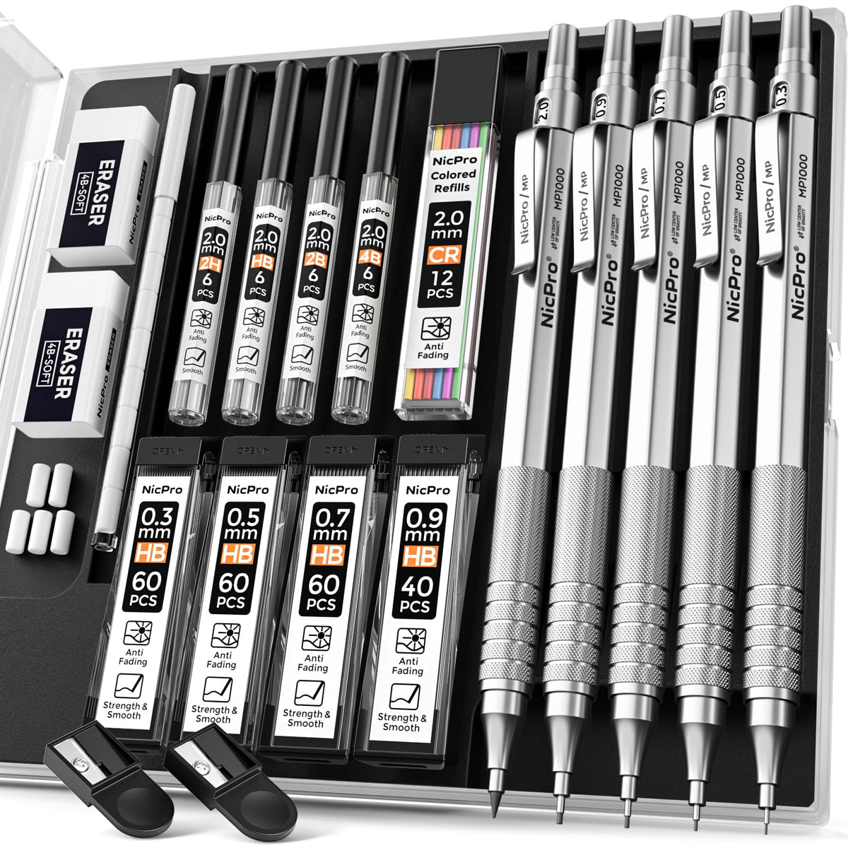 Nicpro 22PCS Art Mechanical Pencil Set， Metal Drawing Sketching With Eraser