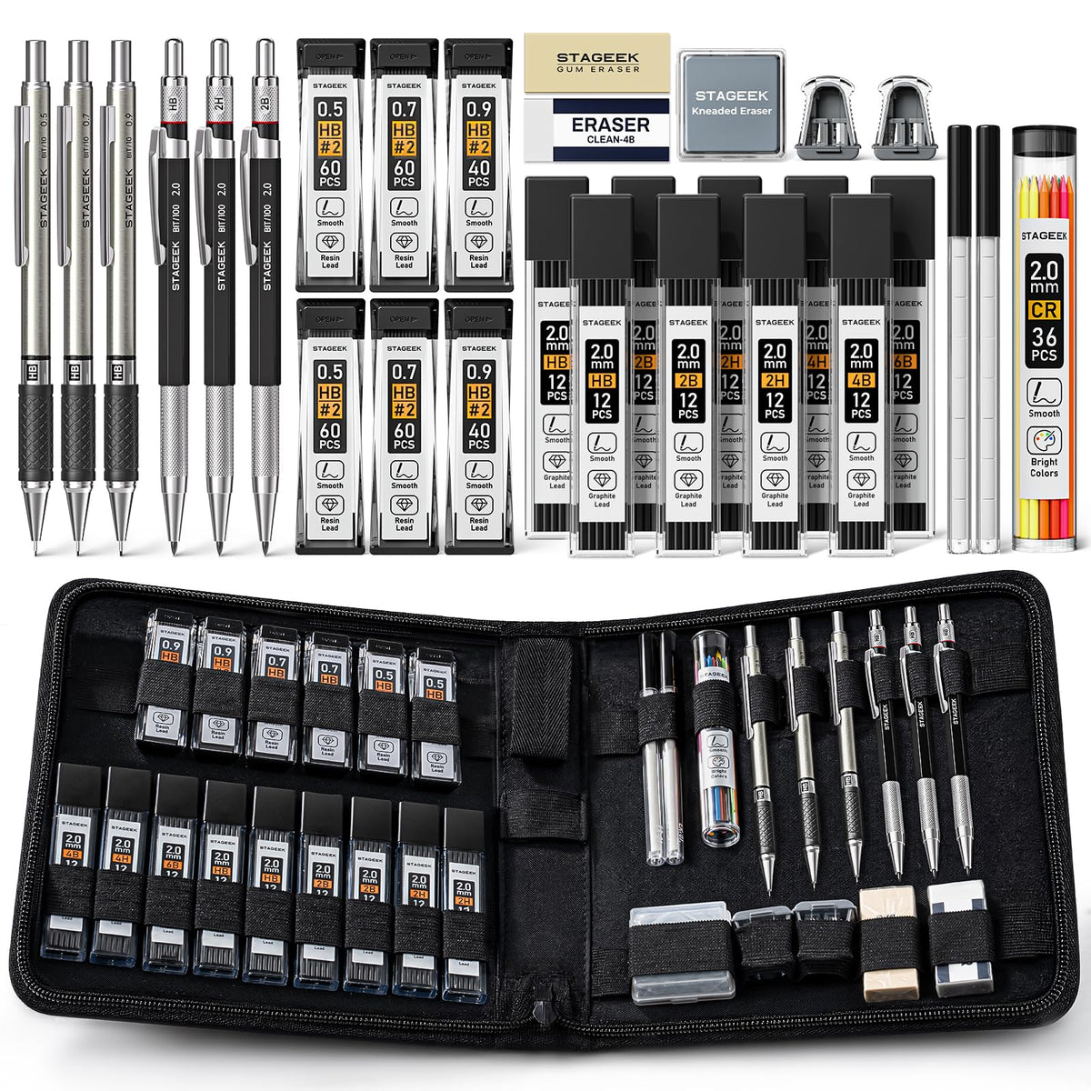 STAGEEK 37PCS Mechanical Pencil Set with Case, 0.3, 0.5, 0.7, 0.9 ＆2PCS 2mm