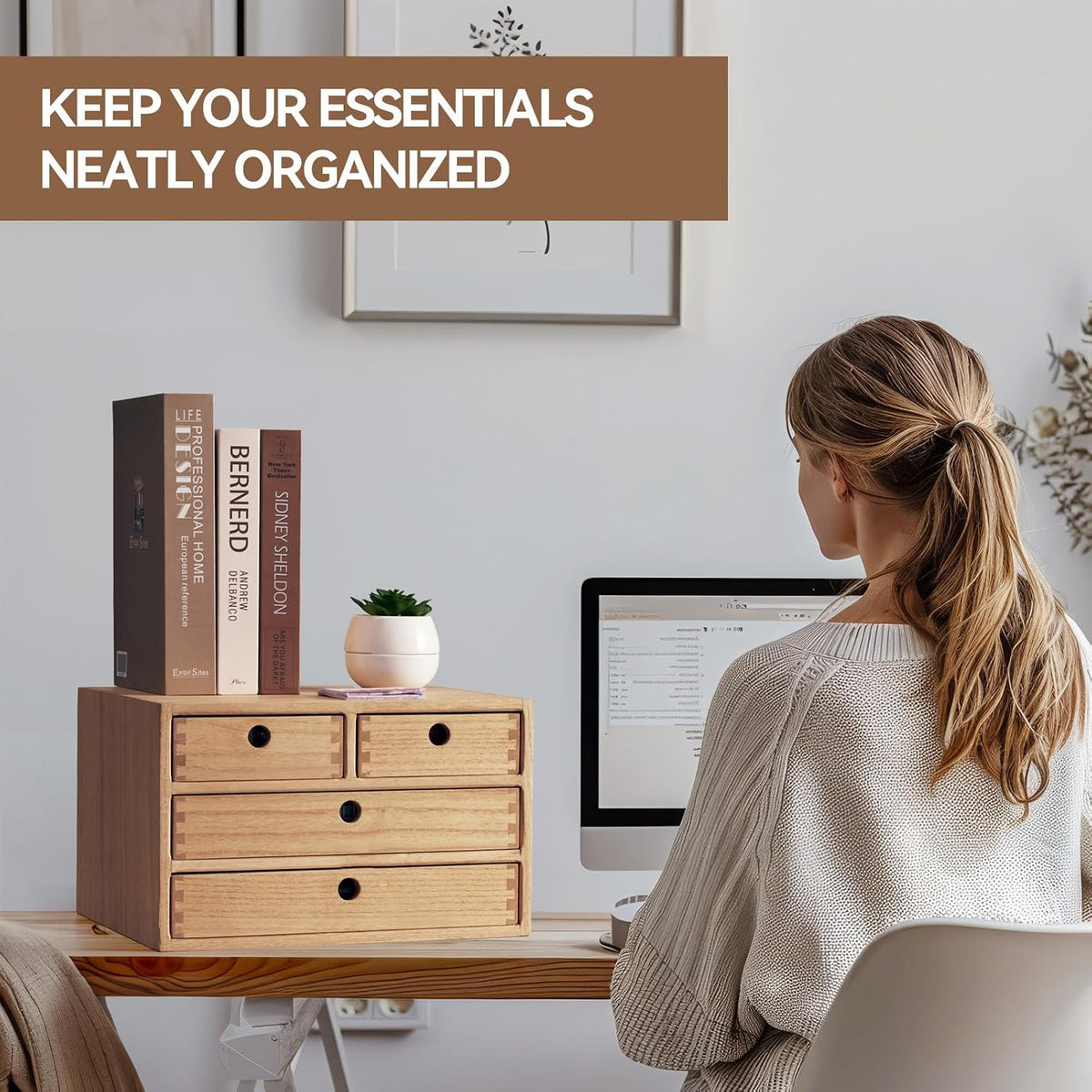 KIRIGEN Wood Desk Organizer with 4 Drawers, Desktop Storage, Natural 34-NA
