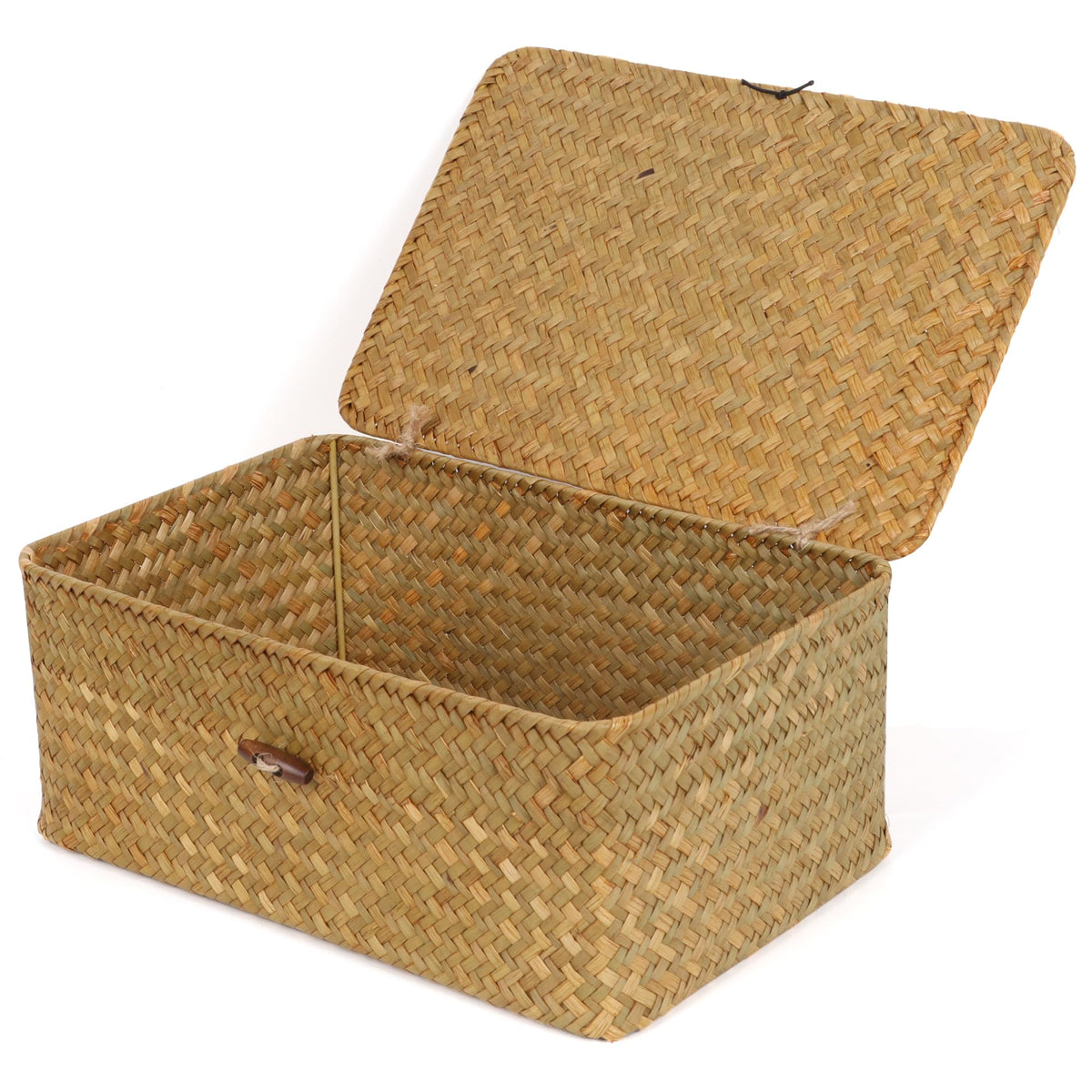 FEIALNDUO Wicker Shelf Baskets with Lid,Seagrass Storage Basket Bins Rectangular Handwoven Basket Boxes for Shelves Desktop Home Organizer (Coffee, X-Small)