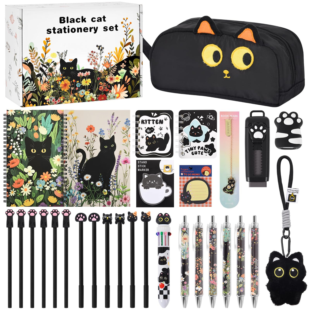 Ulema Cute Black Cat Gifts for Women,30Pcs Stationery Set Birthday Gifts for Boys Girls Back to School and Kawaii Classroom Office Supplies with Black Cat BallPoint Pen, Pencils, Sticky Notes etc.