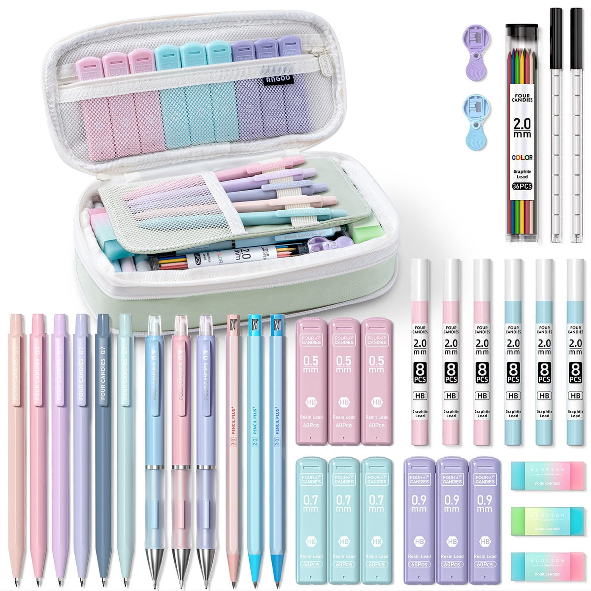 Four Candies 36PCS Mechanical Pencil Set with 624 Lead Refills (Pink)