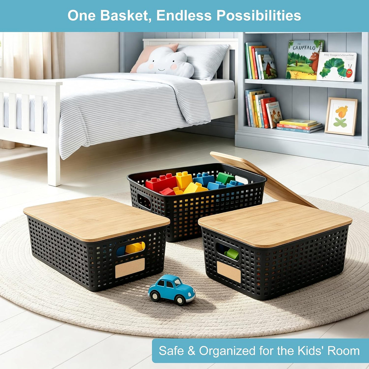 Bagnizer Small Plastic Storage Bins with Bamboo Lids 5.2qt Stackable Box Basket Pantry Decorative Containers Cute with Lable for Organizing Desktop Closet Office Black of 6 packs 10 * 7.2 * 4.1"