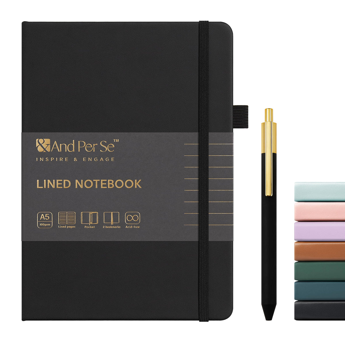 &And Per Se Lined Journal and Pen Set, A5 Leather Hardcover Notebook with Pen & Stationary Set, 160 Pages 100GSM Thick Ruled Paper Journal for Business Work Writing (Dark Blue)