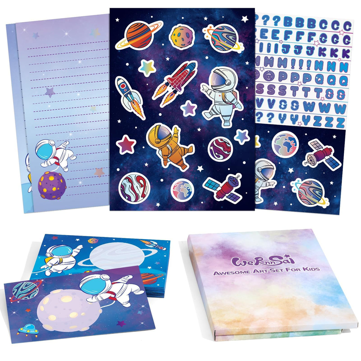 WERNNSAI 72 PCS Space Kids Stationery Paper and Envelopes Set for Boys