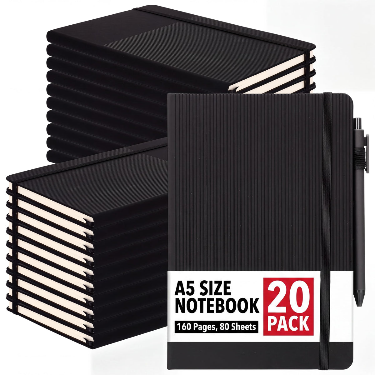 Honoson 20 Pack A5 Hardcover Lined Notebooks Bulk Journal with Pens Holder, PU Leather Business Notebook for Work, 160 Pages, Daily Writing College Travel Office Teacher Employee Gifts, 5.5 x 8.3 Inch