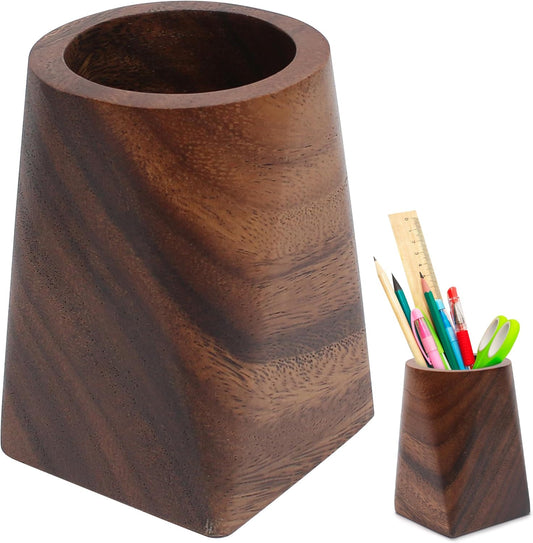 Wooden Pencil Holder, Walnut Wood Pen Cup, Desk Accessories, 4 Inch Organizer Caddy Stand, Vintage Rustic Box for Desktop, Men Supplies, Makeup Brushes, Stationery, Offices Decoration