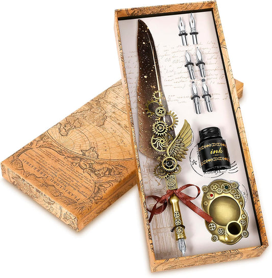 Aifeiter Feather Pen Set,Calligraphy Fountain Dip Feather Pen and Ink Set for Writing,Christmas Gift for Handwriting Lovers Birthday Gift,Luxury Vintage Signature Pen-Grey