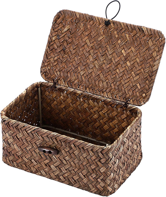 Hipiwe Handwoven Wicker Basket with Lid Small Desktop Seagrass Organizer