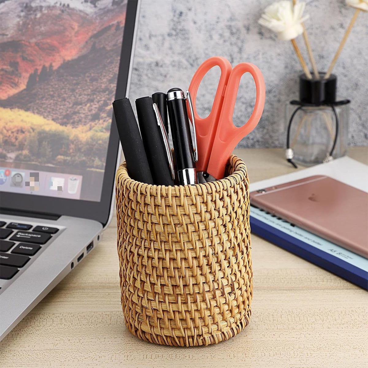 BTSKY Rattan Pen Cup, Handmade Desk Pencil Holders Makeup Brush Holder Multi-Functional Woven Basket Office&Home Desktop Organizer(Cylinder)