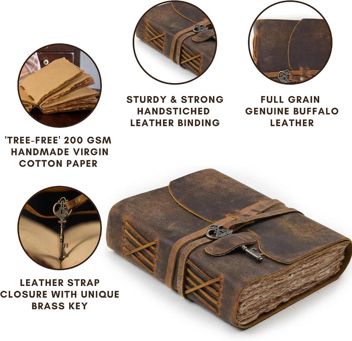 LEATHER VILLAGE Leather Journal Key Lock, Distressed Brown 6x4.