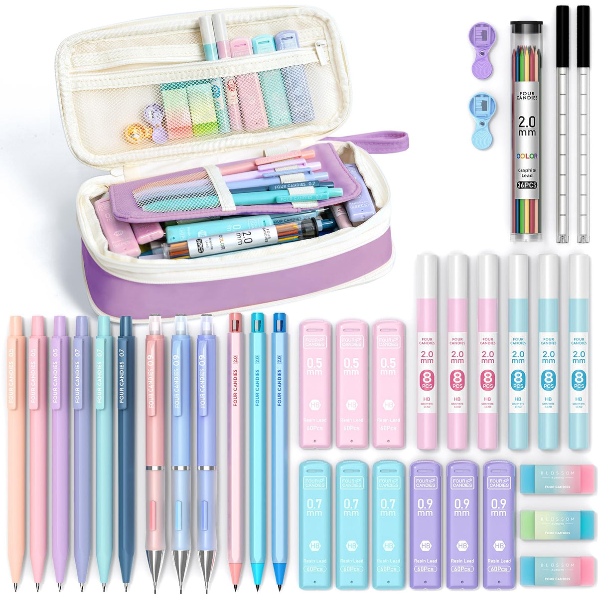 Four Candies 36PCS Mechanical Pencil Set with 624 Lead Refills (Pink)
