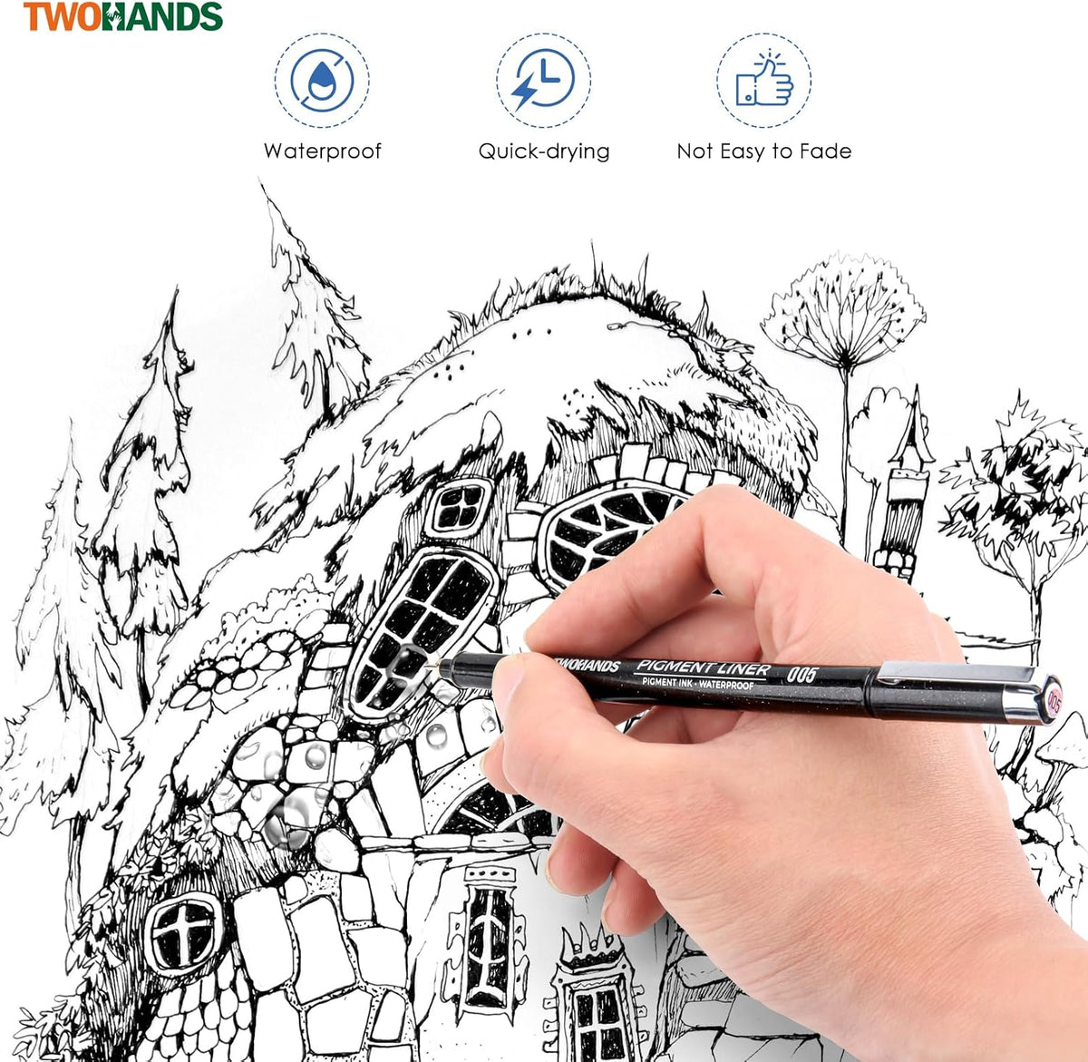 TWOHANDS Art Pen Drawing Marker Pens Fineliners, Set of 16, Black
