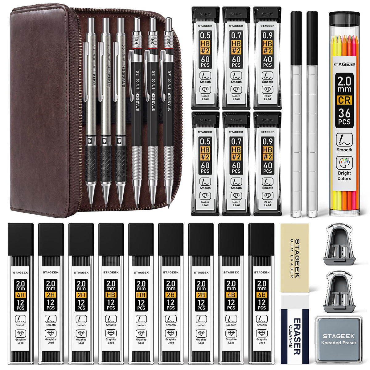 STAGEEK 37PCS Mechanical Pencil Set with Case, 0.3, 0.5, 0.7, 0.9 ＆2PCS 2mm