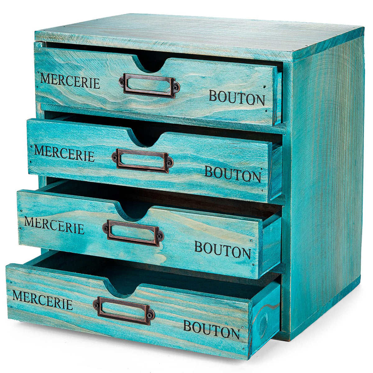 Turquoise Single Drawer Unit - European Country Style Desk Organizer Box - 9.7x7x2.6 Teal Wooden Stackable Drawer - Countertop Organizer Drawer w/Label Holder - Single Monitor Shelf