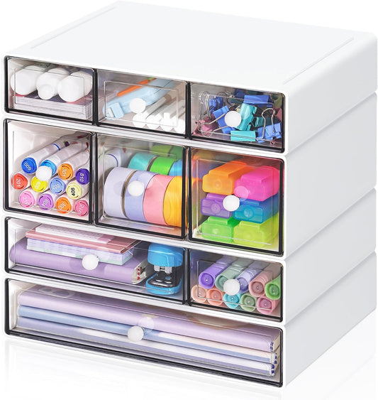 Desk Storage Organizer with 9 Drawers, 4 Tiers Stackable Desktop Craft Storage Drawers, Clear Storage Box Caddy for Stationary Makeup Jewelry Office Craft Supplies (White)