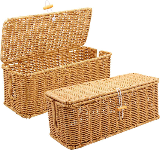 2PCS Cable Management Box, Handmade Rattan Cable Organizer Cord Basket