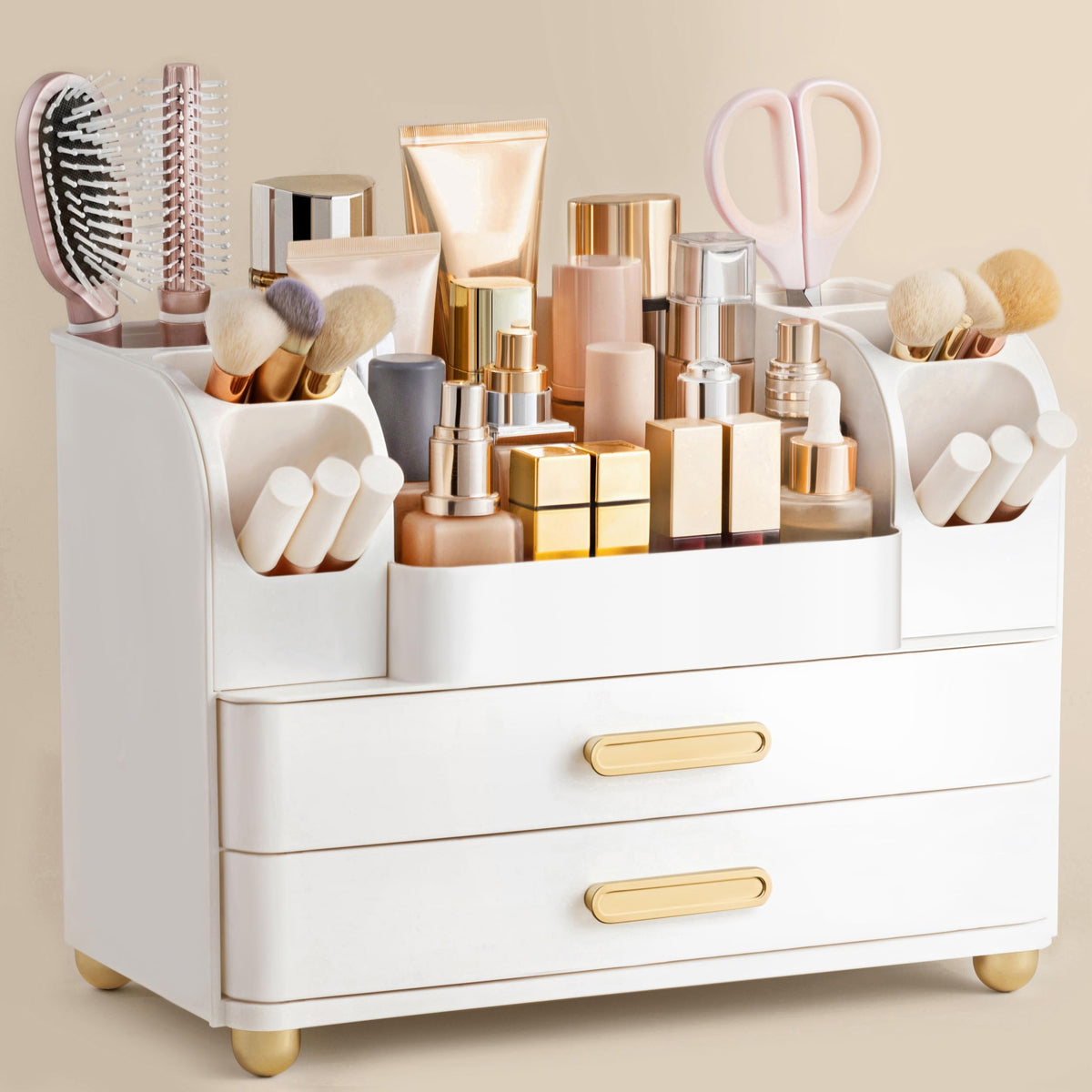 HBlife Makeup Organizer for Vanity with Brush Holder, Large Bathroom Countertop Cosmetic Organizer Skin Care Storage, Easy to Store Lipsticks, Nail Polishes, Perfumes, Eyeshadow Palettes, Beige
