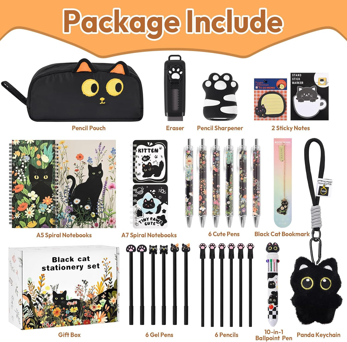 Ulema Cute Black Cat Gifts for Women,30Pcs Stationery Set Birthday Gifts for Boys Girls Back to School and Kawaii Classroom Office Supplies with Black Cat BallPoint Pen, Pencils, Sticky Notes etc.
