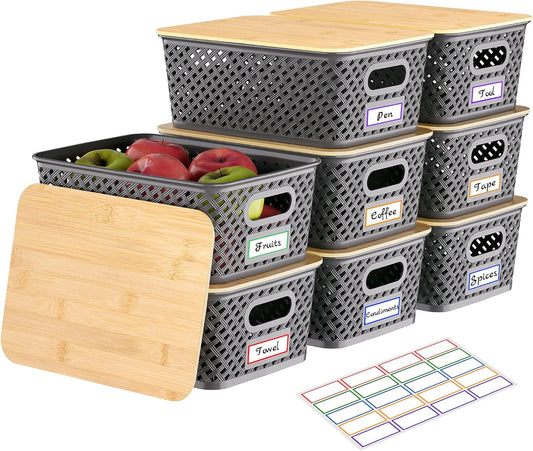 Anysig 8 Pack Plastic Storage Bins with Bamboo Lids, 5.2 QT Stackable Bins