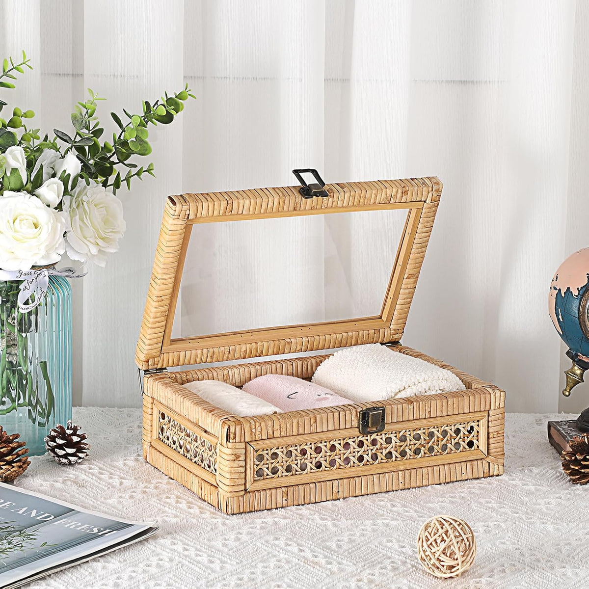 Hipiwe Rattan Display Box with Clear Lid Rectangular Wicker Storage Basket