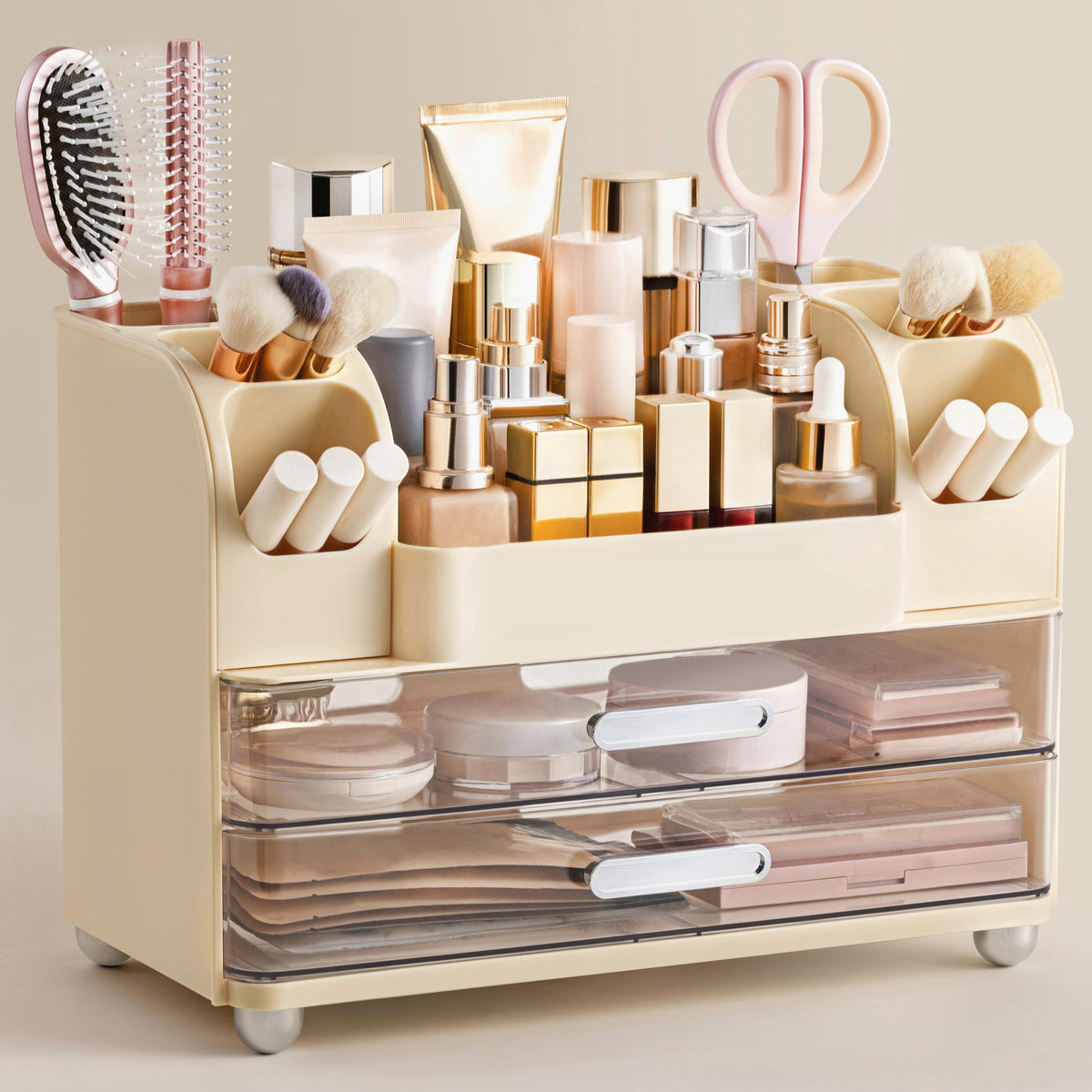 HBlife Makeup Organizer for Vanity with Brush Holder, Large Bathroom Countertop Cosmetic Organizer Skin Care Storage, Easy to Store Lipsticks, Nail Polishes, Perfumes, Eyeshadow Palettes, Beige