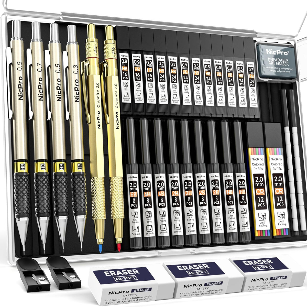 Nicpro 35PCS Gold Art Mechanical Pencils Set, 3 PCS Metal Drafting Pencil