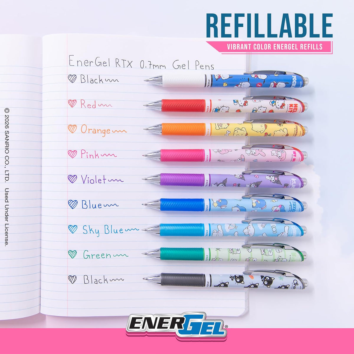 Pentel Writing Essentials 10 Pack, Hello Kitty® and Friends, Limited Edition, 4 EnerGel 0.7mm gel pens, 2 EnerGize 0.7mm pencils, 2 bock erasers, and 2 refill leads