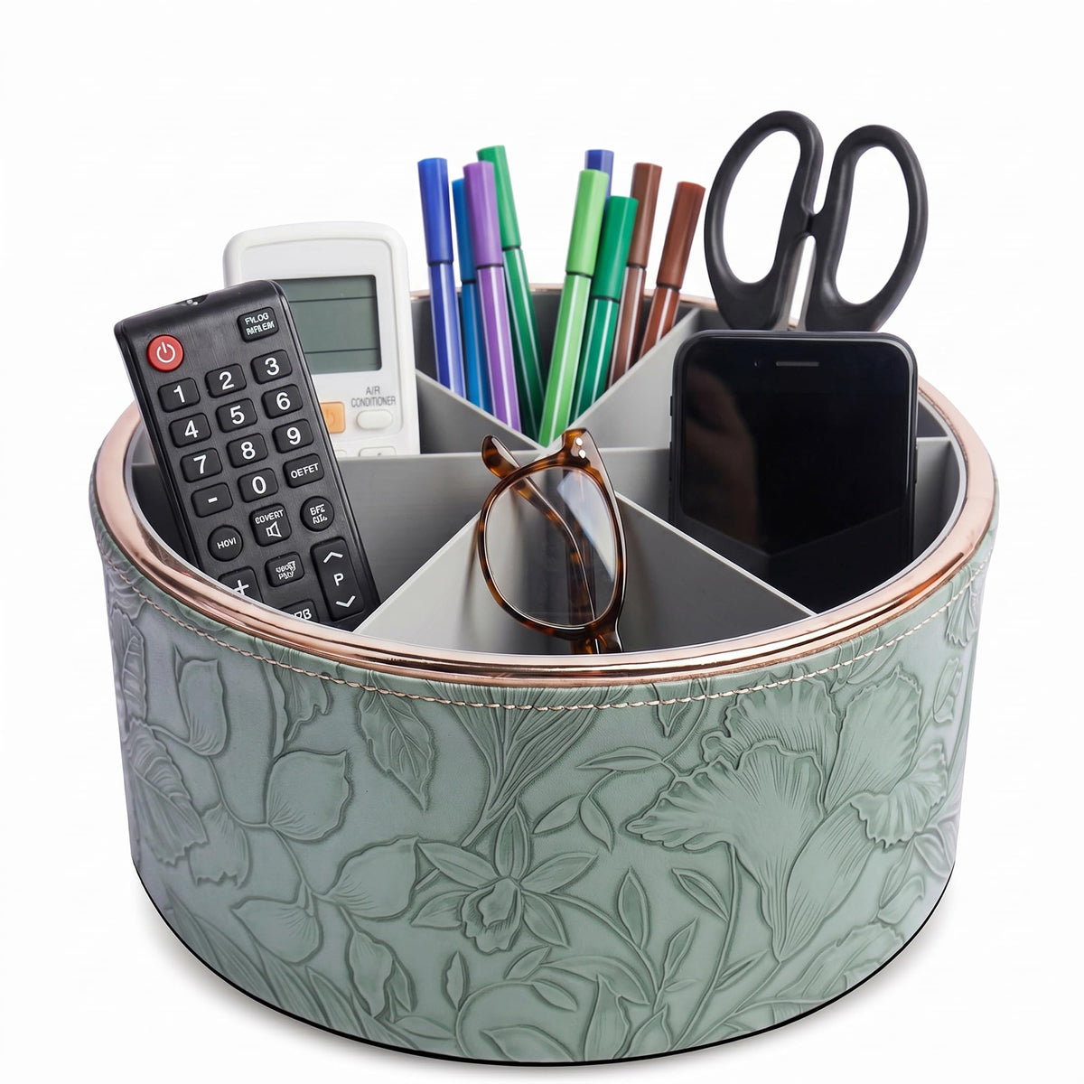 Round Leather Art Supply Organizer,Remote Control Holder,360 Degree Rotating,Multi-Functional Pencil Holder,4 Compartments Desktop Stationary Organizer(1-Fractal Flower)