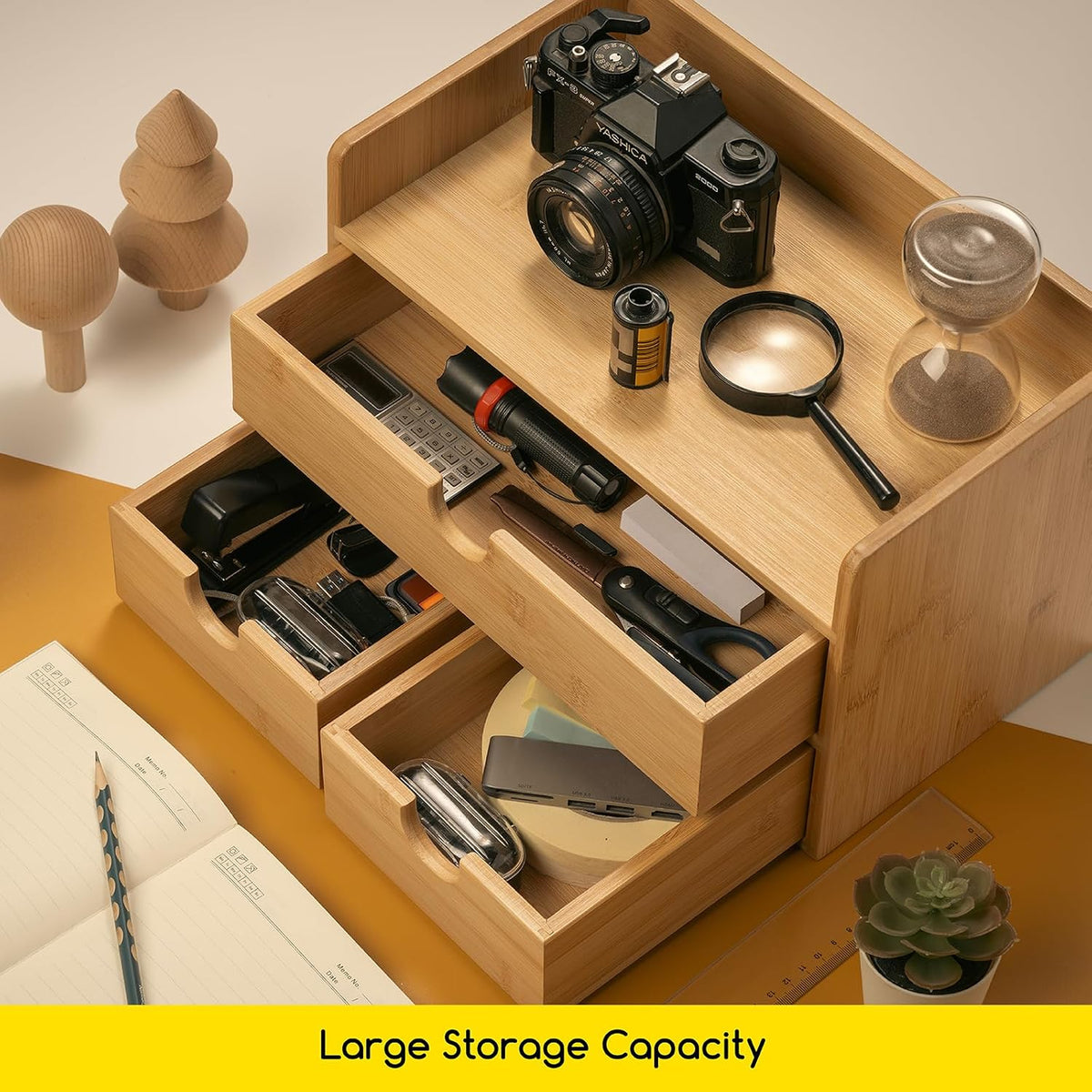 MEEDEN Bamboo Desk Organizer with Drawers: Storage Container with Shelf